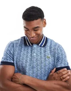 Lacoste Monogram Polo Shirt In Blue For Men Mid Blue