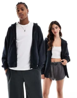 Lacoste Unisex Zip Hoodie In Washed Black For Unisex