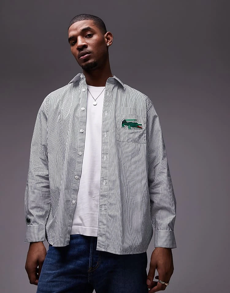 Lacoste Logo Stripe Long Sleeve Shirt In Green For Men Mid Green 5 Lacoste Logo Stripe Long Sleeve Shirt In Green For Men Mid Green - Image 5