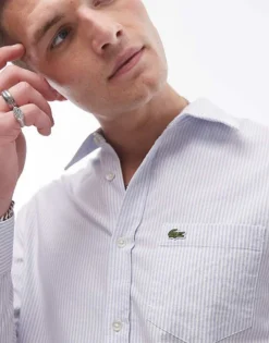 Lacoste Stripe Long Sleeve Shirt In Blue For Men Mid Blue -Clothes Fashion Store 206990017 3