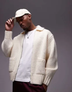 Lacoste Logo Zip Cardigan In Cream For Men