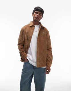 Lacoste Logo Cord Shacket In Beige For Men