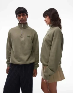 Lacoste Signature Quarter Zip Logo Sweatshirt In Kahki For Unisex Khaki