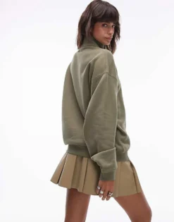 Lacoste Signature Quarter Zip Logo Sweatshirt In Kahki For Unisex Khaki -Clothes Fashion Store 206990173 3