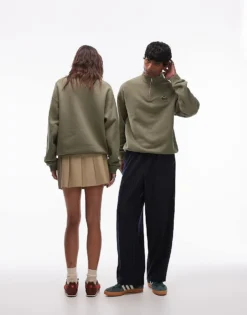 Lacoste Signature Quarter Zip Logo Sweatshirt In Kahki For Unisex Khaki -Clothes Fashion Store 206990173 4