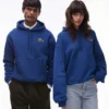 Lacoste Signature Logo Hoodie In Blue For Unisex Mid Blue