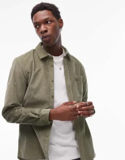 Lacoste Co-ord Cord Long Sleeve Shirt In Khaki Green For Men Mid Green