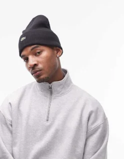 Lacoste Front Logo Beanie In Black For Men