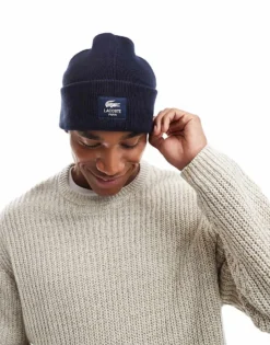 Lacoste Front Logo Beanie In Navy For Men