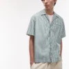 Lacoste Short Sleeve Revere Collared Shirt In Green And White Stripes For Men