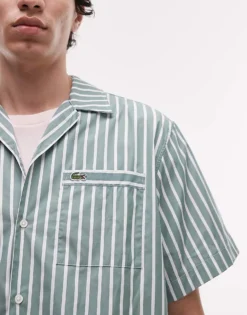 Lacoste Short Sleeve Revere Collared Shirt In Green And White Stripes For Men -Clothes Fashion Store 207664971 4