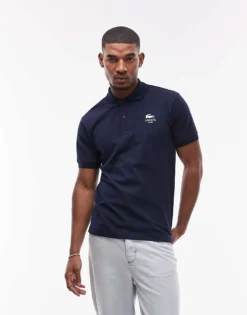 Lacoste Polo Shirt In Navy With White Logo Print For Men