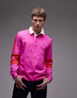 Lacoste Long Sleeve Rugby Shirt In Pink With Red Taping For Men
