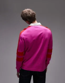 Lacoste Long Sleeve Rugby Shirt In Pink With Red Taping For Men -Clothes Fashion Store 207664996 4