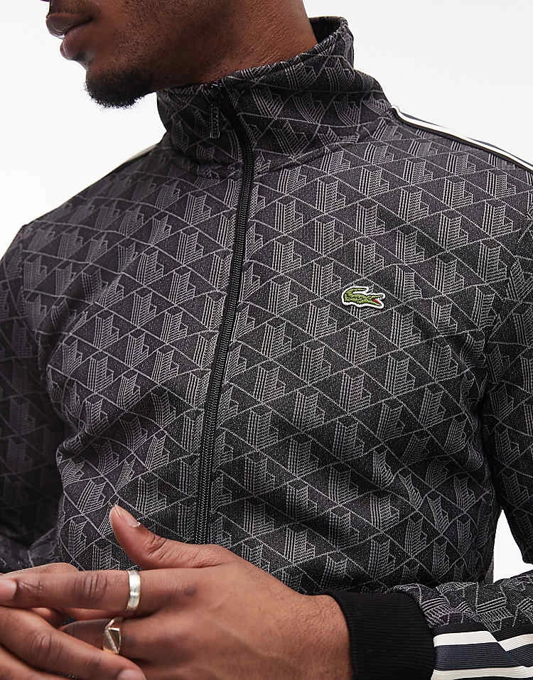 Lacoste Full Zip Through Track Jacket In Black With All Over Monogram Print For Men 4 Lacoste Full Zip Through Track Jacket In Black With All Over Monogram Print For Men - Image 4