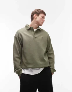 Lacoste Oversized Sweatshirt In Khaki With Polo Button Up Neckline For Men Green