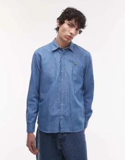 Lacoste Long Sleeve Denim Shirt In Midwash Blue For Men