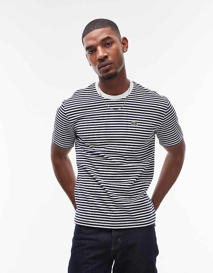 Lacoste T-shirt In Horizontal Navy And White Stripes For Men 1 Lacoste T-shirt In Horizontal Navy And White Stripes For Men
