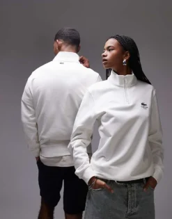 Lacoste Half Zip Sweatshirt In White With Chest Logo Print For Unisex
