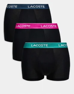 Lacoste 3 Pack Trunks In Black With Multi Coloured Waistbands For Men