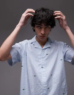 Lacoste Loungewear Short Sleeve Striped Shirt In Light Blue With All Over Croc Print For Men -Clothes Fashion Store 207665793 1 blue 1