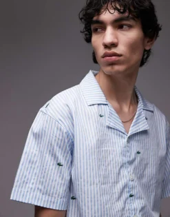 Lacoste Loungewear Short Sleeve Striped Shirt In Light Blue With All Over Croc Print For Men -Clothes Fashion Store 207665793 3