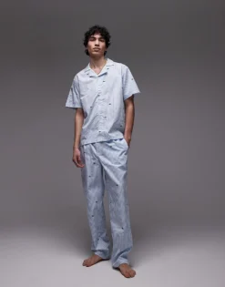 Lacoste Loungewear Short Sleeve Striped Shirt In Light Blue With All Over Croc Print For Men -Clothes Fashion Store 207665793 4