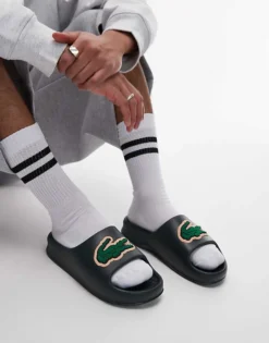 Lacoste Serve 2.0 Sliders In Dark Green With Textured Logo For Men -Clothes Fashion Store 207665920 1 green 1